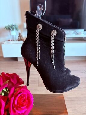 Nancy Li Black Suede Stiletto Ankle Boots with Rhinestone Chain Tassels